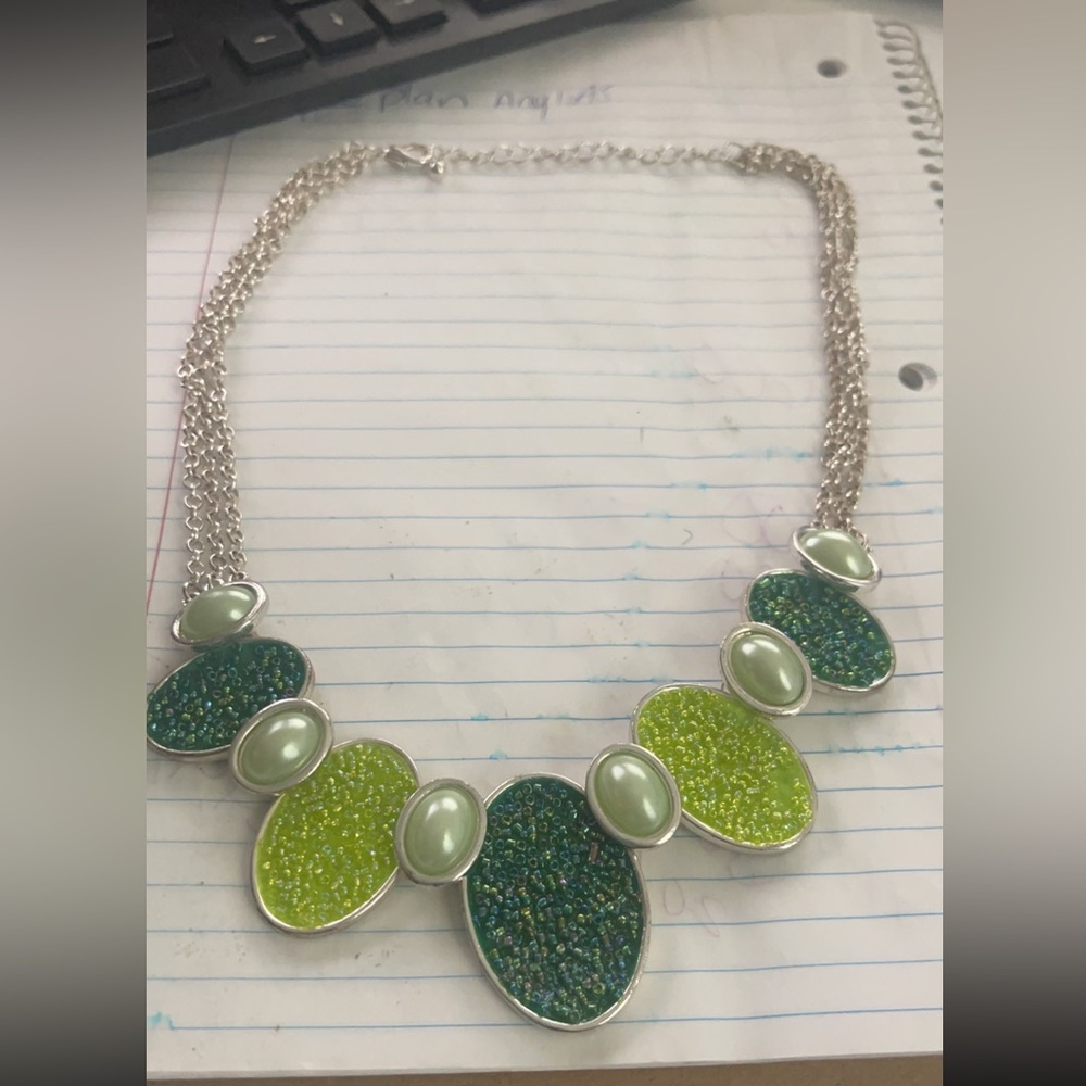 Costume necklace w/Teal green and Lime green with mint green and silver